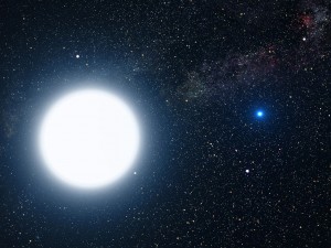 Umelcova predstava hviezd Sírius A (plazmová hviezda) a Sírius B (degenerovaná hviezda)