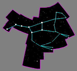 Na obrázku vpravo vidíme mapku súhvezdia Veľkej medvedice. Každá bodka predstavuje hviezdu. Čiary po obvode obrázka naznačujú hranice súhvezdia, čiary vo vnútri sú takzvané spojnice. Sú to, samozrejme, len myslené čiary, a pomáhajú nám zorientovať sa v súhvezdí. V ľavej časti súhvezdia vidíme jeho 7 najjasnejších hviezd – asterizmus Veľký voz. Už som ich vymenovala, ale ešte raz: Zľava doprava sú to hviezdy Alkaid, Mizar, Alioth, Megrez, Phekda, Merak a Dubhe.
