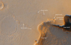 Výkonná kamera sondy Mars Reconnaissance Orbiter nasnímala z obežnej dráhy stopy rovera Opportunity v blízkosti krátera Victoria