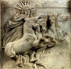 Reliéf z chrámu v Aténach: Hélios, boh a zosobnenie Slnka, na svojom slnečnom voze