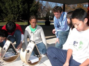 Študenti pri pozorovaní slnečných škvŕn metódou projekcie