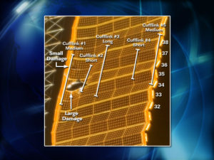 Grafické znázornenie umiestnenia piatich spon, ktoré mali uvolniť napätie na poškodenom solárnom paneli