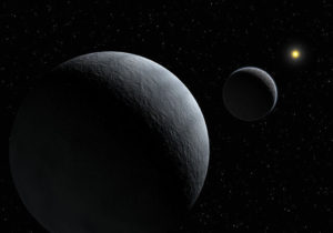 Umelecká predstava blízkeho pohľadu na systém Pluto-Charon, ktorý za milióny rokov slapového brzdenia dosiahol stacionárnu rotáciu