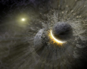 Umelecká predstava o zrážke protozeme s telesom o veľkosti Marsu. Následkom tejto kolízie mal vzniknúť náš Mesiac